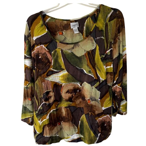 Chico's Green and Brown Floral Blouse - Picture 1 of 7